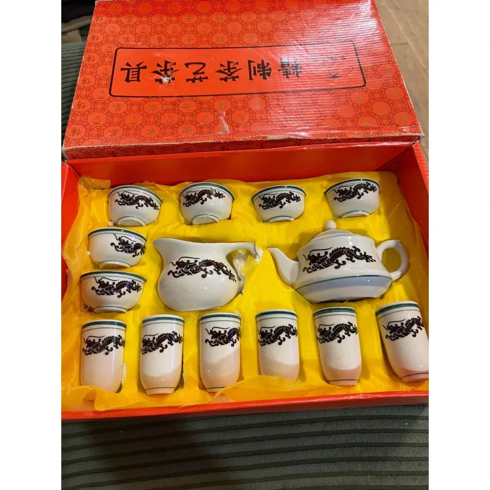 Vintage Color Changing White & Black Dragon Porcelain Tea Set With Original Box